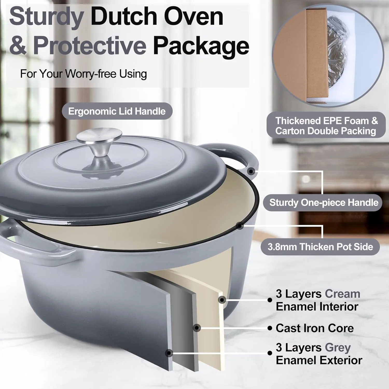 P&P CHEF 6 Quart Enameled Dutch Oven with Lid, Cast Iron Dutch Oven Pot, Enamel Round Cooking Stock Pot for Braising, Stewing, Roasting, Baking, Fit Various Stoves, (6 QT, Grey)