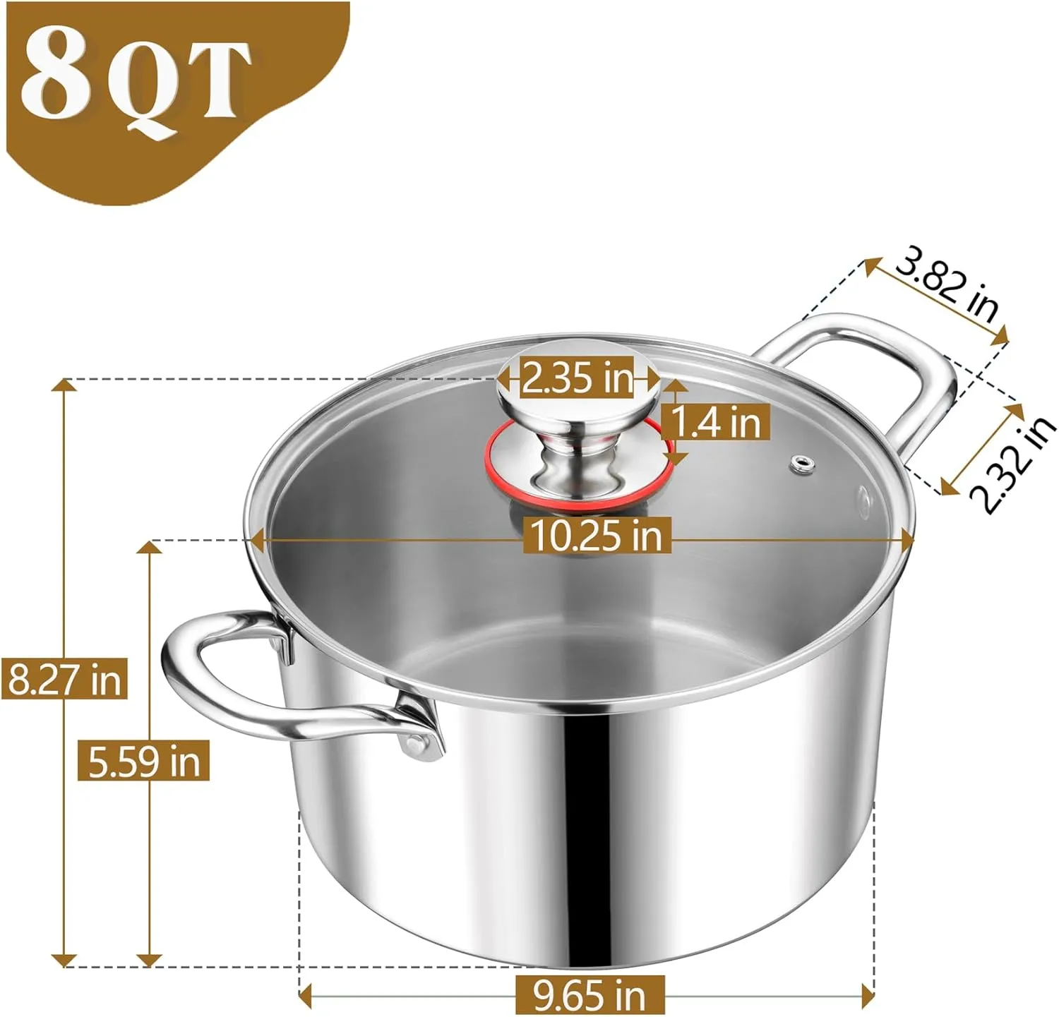 P&P CHEF Tri-Ply Stainless Steel Stockpot, Stock Pot with Visible Lid for Soup Pasta Vegetable, Induction Cooking Pot for All Stoves, Sturdy & Double Handle, Dishwasher Safe, (8 Quarts)