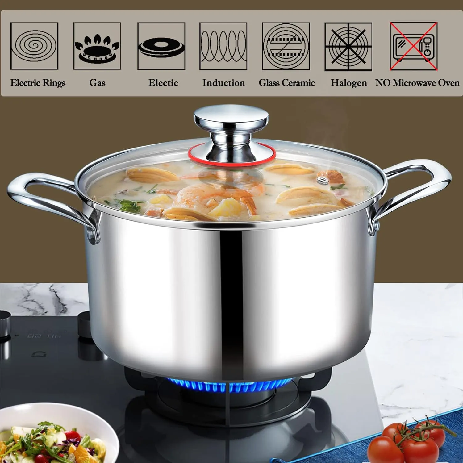 P&P CHEF Tri-Ply Stainless Steel Stockpot, Stock Pot with Visible Lid for Soup Pasta Vegetable, Induction Cooking Pot for All Stoves, Sturdy & Double Handle, Dishwasher Safe, (8 Quarts)