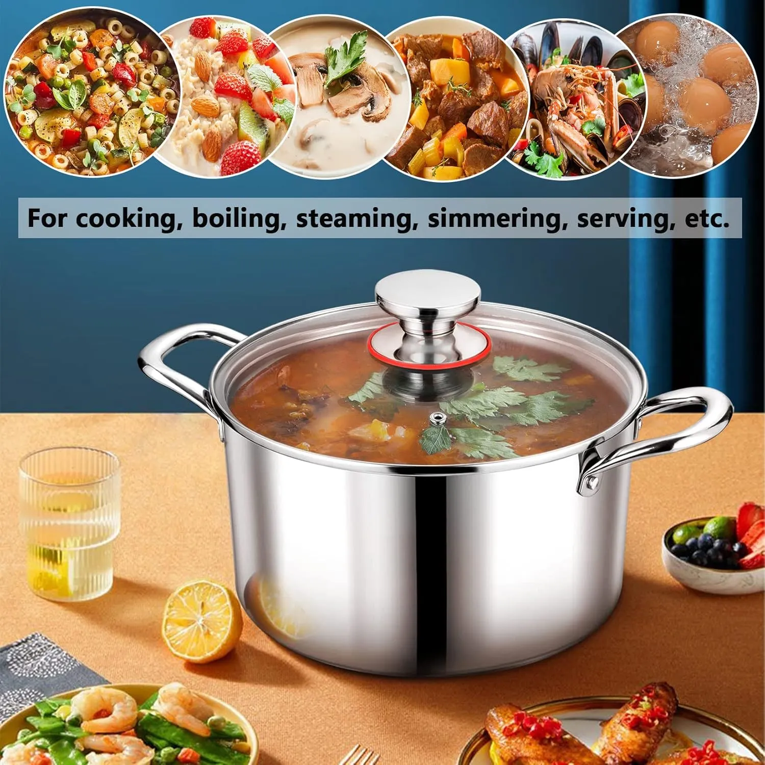P&P CHEF Tri-Ply Stainless Steel Stockpot, Stock Pot with Visible Lid for Soup Pasta Vegetable, Induction Cooking Pot for All Stoves, Sturdy & Double Handle, Dishwasher Safe, (8 Quarts)