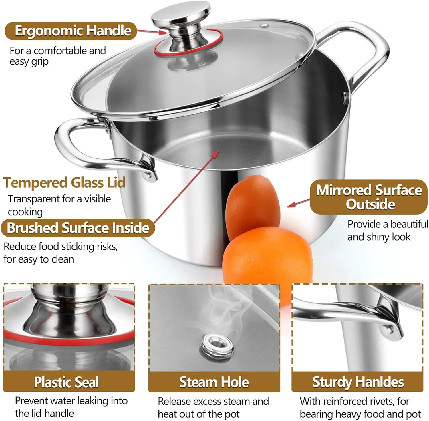 P&P CHEF Tri-Ply Stainless Steel Stockpot, Stock Pot with Visible Lid for Soup Pasta Vegetable, Induction Cooking Pot for All Stoves, Sturdy & Double Handle, Dishwasher Safe, (8 Quarts)