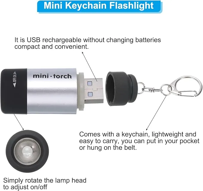 PATIKIL Mini Keychain Flashlight, Pocket LED Flashlight Portable Torch USB Rechargeable for Outdoor Camping Party, Silver Tone