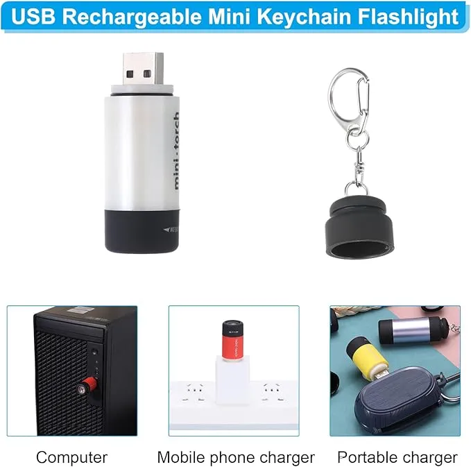 PATIKIL Mini Keychain Flashlight, Pocket LED Flashlight Portable Torch USB Rechargeable for Outdoor Camping Party, Silver Tone