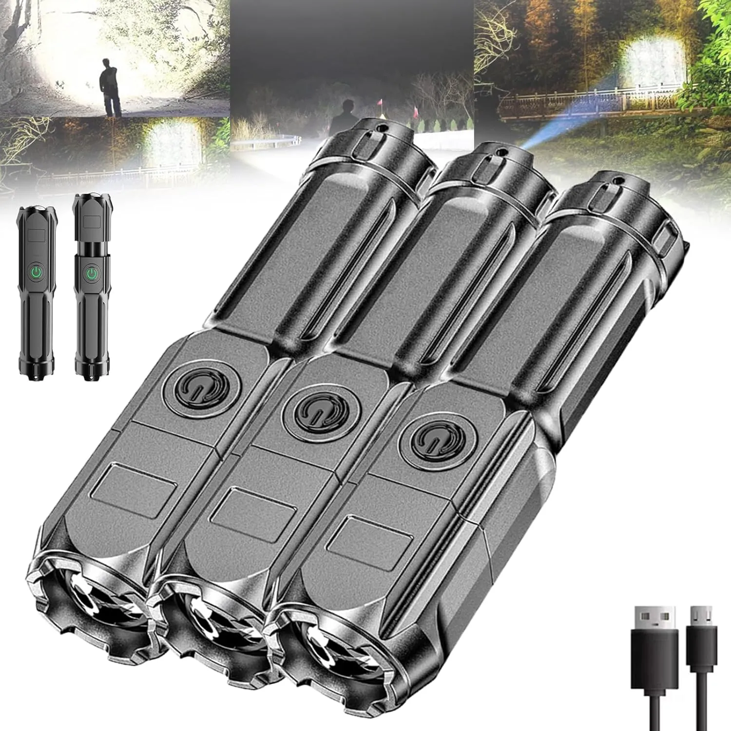 Peachloft Flashlight, Special Forces Flashlight, 3W LED, Rechargeable, Tactical, Compact, 250 Lumen, 7 Hour Runtime, Waterproof, Zoomable, USB Charging, Black