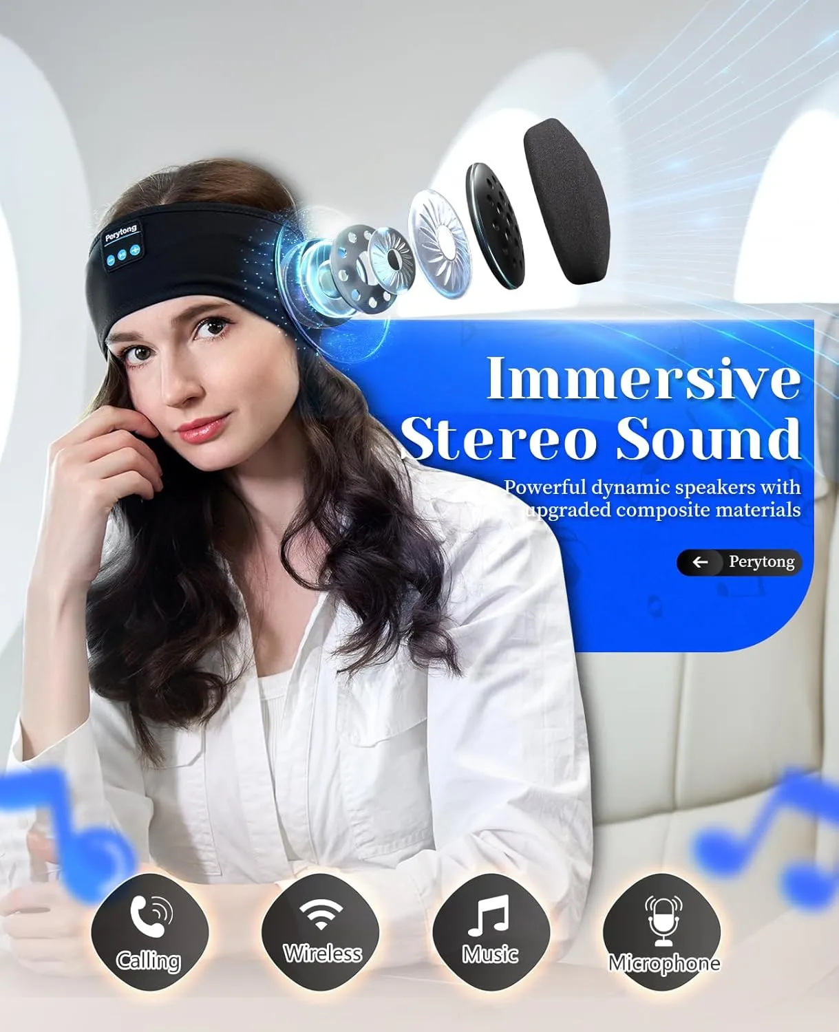 Perytong Sleep Headphones Wireless, Bluetooth Sports Headband Headphones with Ultra-Thin HD Stereo Speakers, Unisex, Perfect for Sleeping,Workout,Jogging,Yoga,Insomnia, Air Travel, Meditation