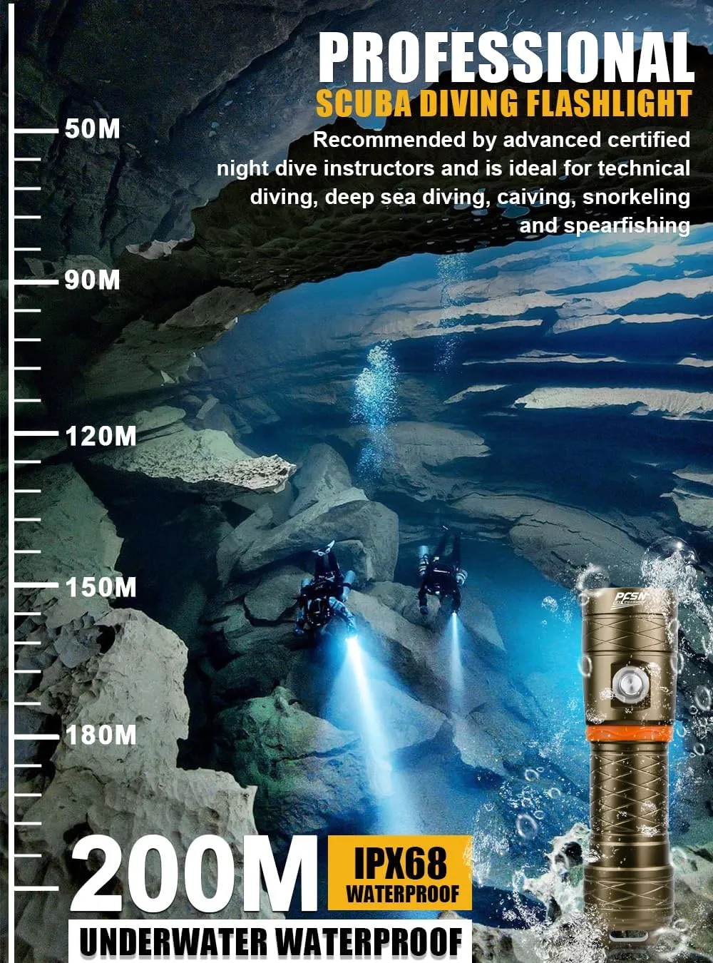 PFSN Dive Light Diving Flashlight - High Lumens Underwater Flashlight for Diving, 400m Beam Distance, 20Hrs Long Last, Rechargeable Scuba Flashlight Best for Scuba Diving, Caving, Spearfishing