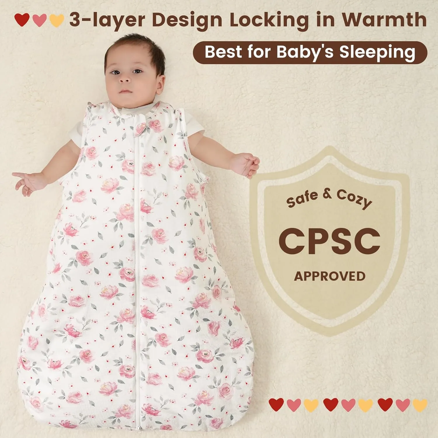 PHF 100% Cotton Baby Sleep Sack 6-12 Months, 2.5 TOG Winter Baby Wearable Blanket with 2-Way Zipper, Warm Comfy Quilted Sleeping Bags, Infant Sleeping Sack for Newborn Girls, Medium Size, Pink Floral