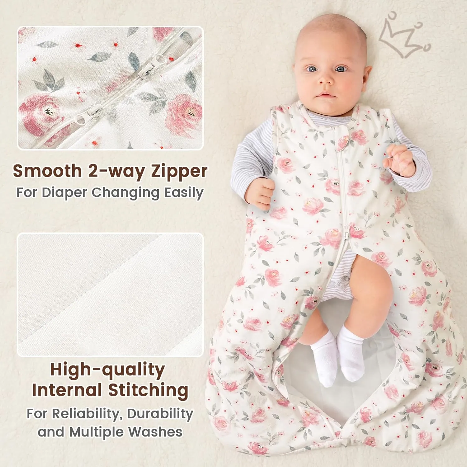 PHF 100% Cotton Baby Sleep Sack 6-12 Months, 2.5 TOG Winter Baby Wearable Blanket with 2-Way Zipper, Warm Comfy Quilted Sleeping Bags, Infant Sleeping Sack for Newborn Girls, Medium Size, Pink Floral