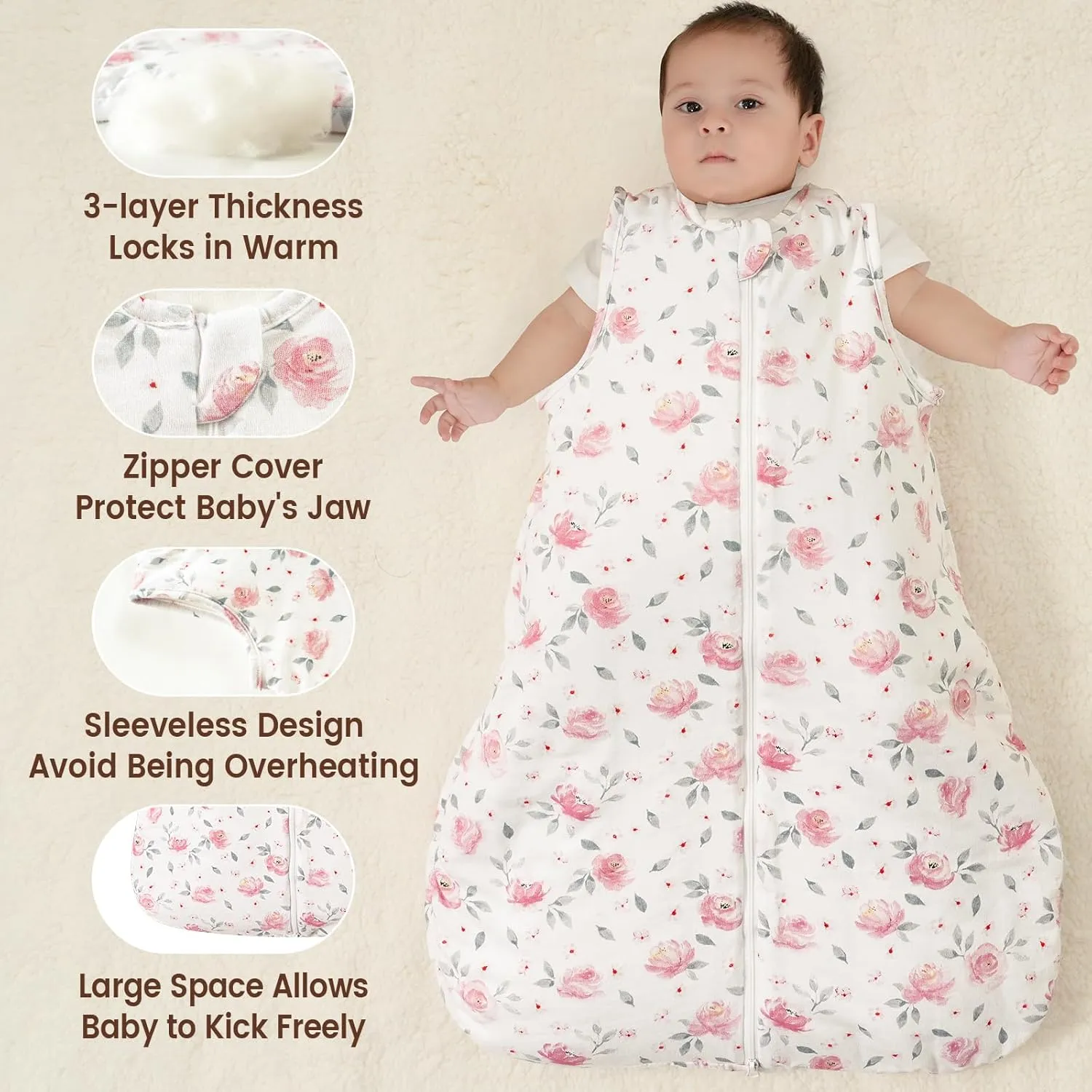 PHF 100% Cotton Baby Sleep Sack 6-12 Months, 2.5 TOG Winter Baby Wearable Blanket with 2-Way Zipper, Warm Comfy Quilted Sleeping Bags, Infant Sleeping Sack for Newborn Girls, Medium Size, Pink Floral