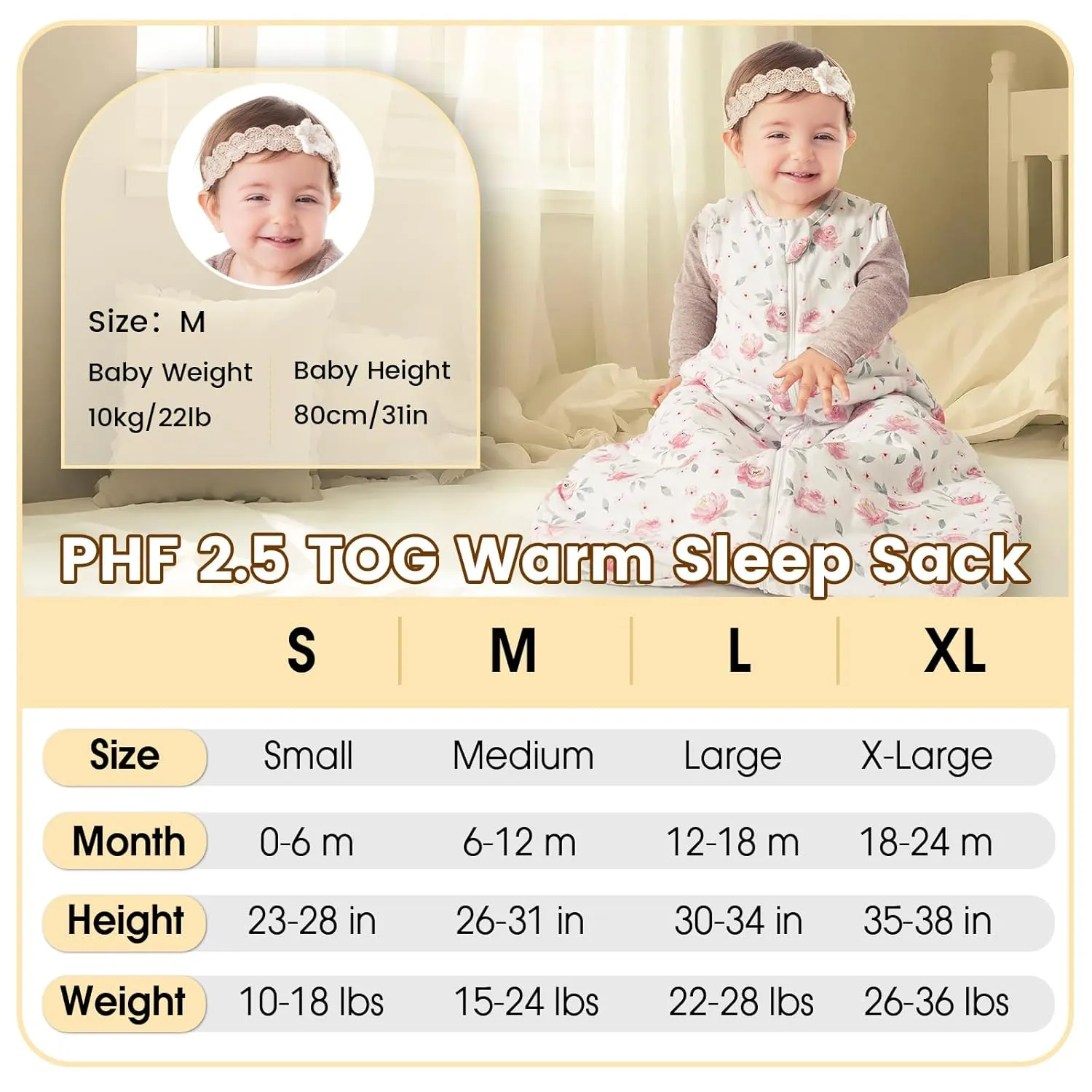 PHF 100% Cotton Baby Sleep Sack 6-12 Months, 2.5 TOG Winter Baby Wearable Blanket with 2-Way Zipper, Warm Comfy Quilted Sleeping Bags, Infant Sleeping Sack for Newborn Girls, Medium Size, Pink Floral