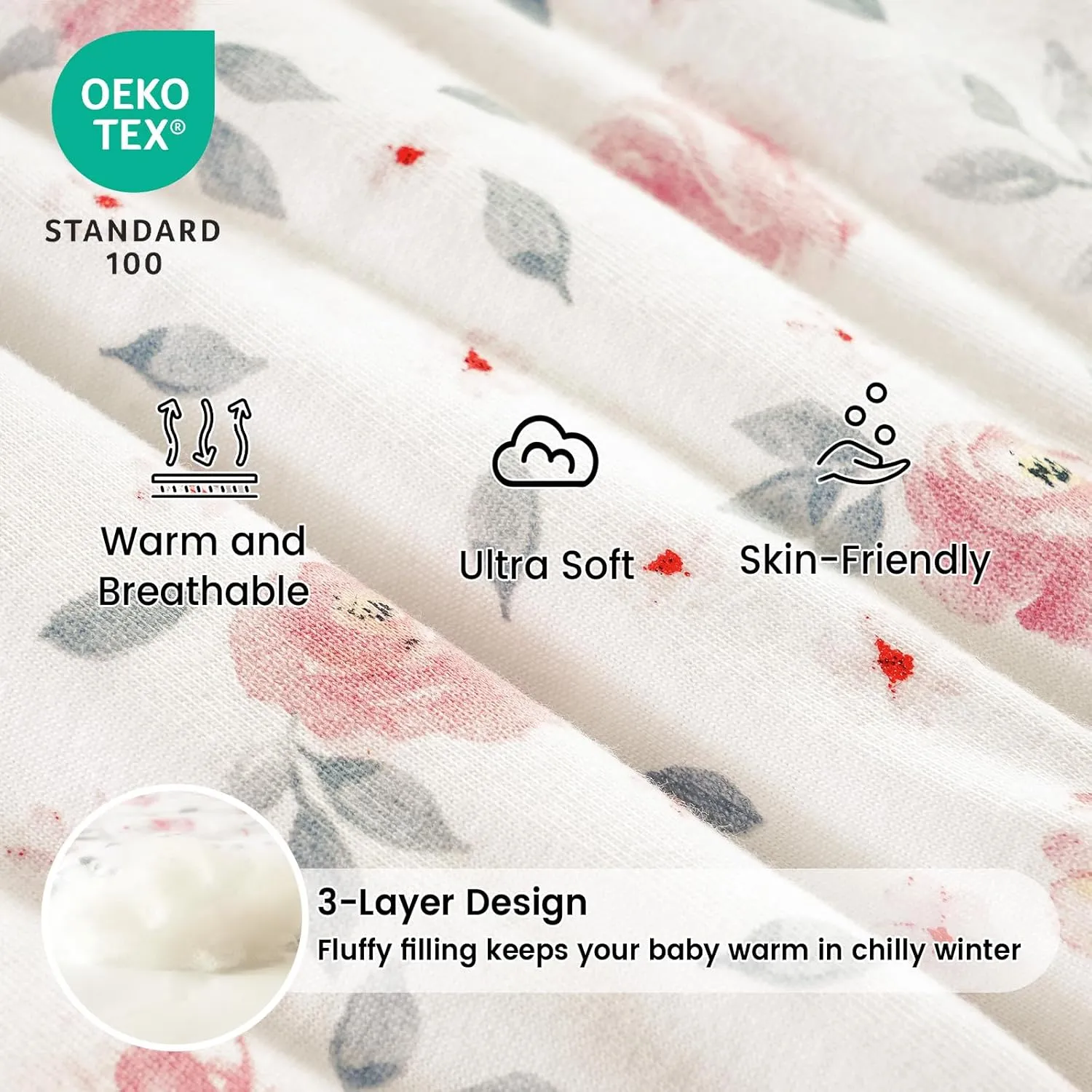 PHF 100% Cotton Baby Sleep Sack 6-12 Months, 2.5 TOG Winter Baby Wearable Blanket with 2-Way Zipper, Warm Comfy Quilted Sleeping Bags, Infant Sleeping Sack for Newborn Girls, Medium Size, Pink Floral