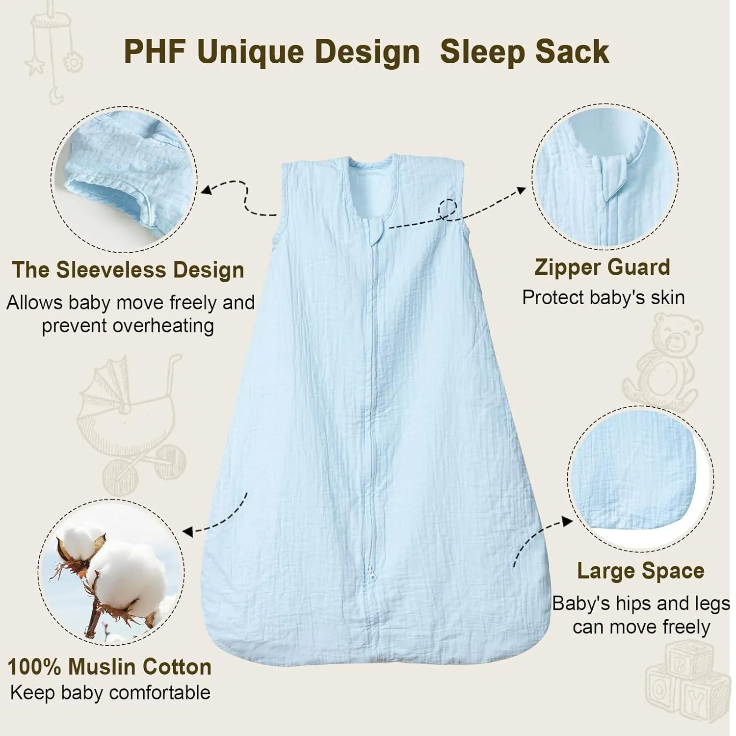 PHF 100% Muslin Cotton Baby Sleep Sacks, 12-18 Months Sleep Sack with 2-Way Zipper, 2 Pack Cooling Unisex 0.5 TOG Breathable Large Size Sleeveless Baby Wearable Blanket, White & Blue
