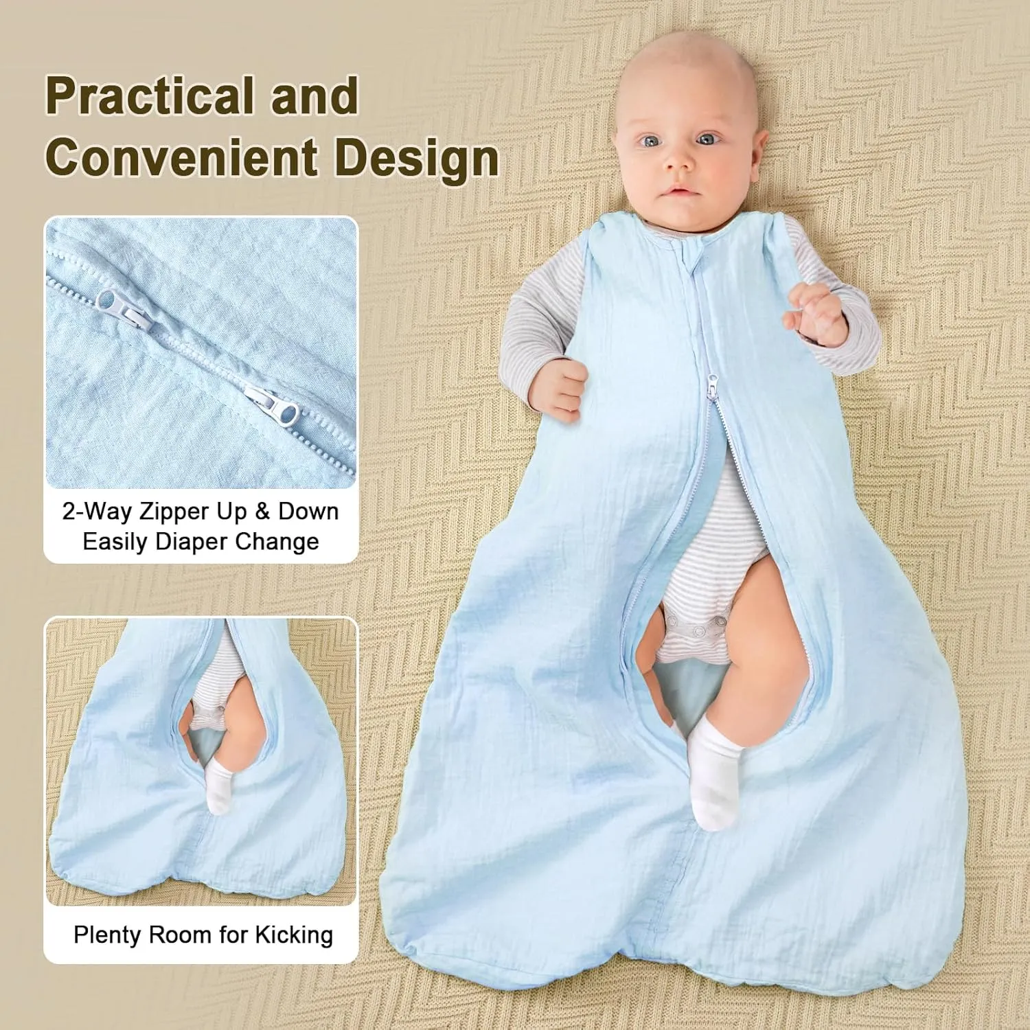 PHF 100% Muslin Cotton Baby Sleep Sacks, 12-18 Months Sleep Sack with 2-Way Zipper, 2 Pack Cooling Unisex 0.5 TOG Breathable Large Size Sleeveless Baby Wearable Blanket, White & Blue