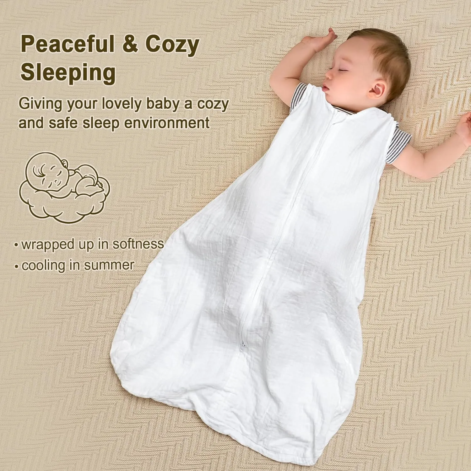 PHF 100% Muslin Cotton Baby Sleep Sacks, 12-18 Months Sleep Sack with 2-Way Zipper, 2 Pack Cooling Unisex 0.5 TOG Breathable Large Size Sleeveless Baby Wearable Blanket, White & Blue