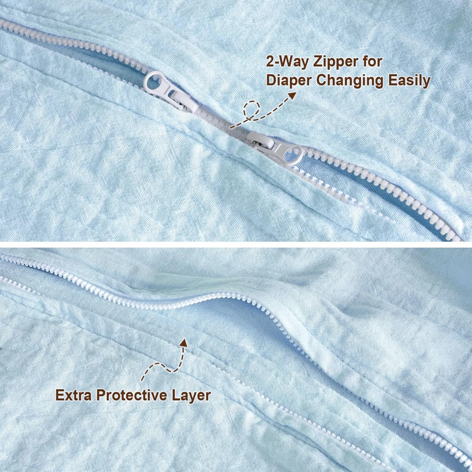 PHF 100% Muslin Cotton Baby Sleep Sacks, 12-18 Months Sleep Sack with 2-Way Zipper, 2 Pack Cooling Unisex 0.5 TOG Breathable Large Size Sleeveless Baby Wearable Blanket, White & Blue