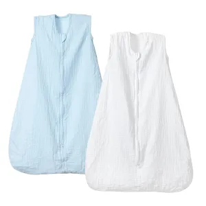 PHF 100% Muslin Cotton Baby Sleep Sacks, 12-18 Months Sleep Sack with 2-Way Zipper, 2 Pack Cooling Unisex 0.5 TOG Breathable Large Size Sleeveless Baby Wearable Blanket, White & Blue