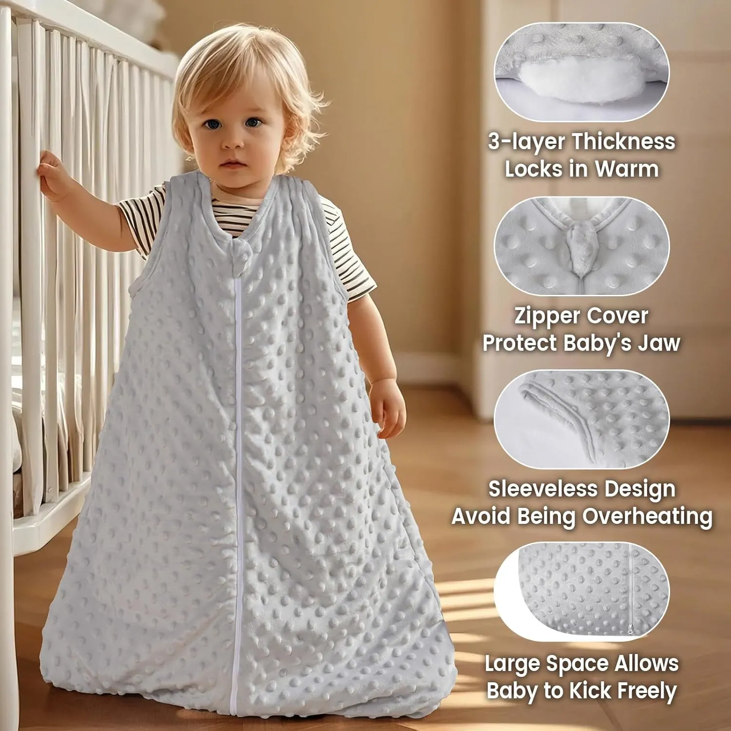 PHF Baby Sleep Sack 2.5 TOG with Plush Minky Dot, 18-24 Months Winter Baby Wearable Blanket with 2-Way Zipper, Warm Comfy Quilted Cotton Sleeping Bags, 3-Layers Design Sleep Sack, X-Large Size, Grey