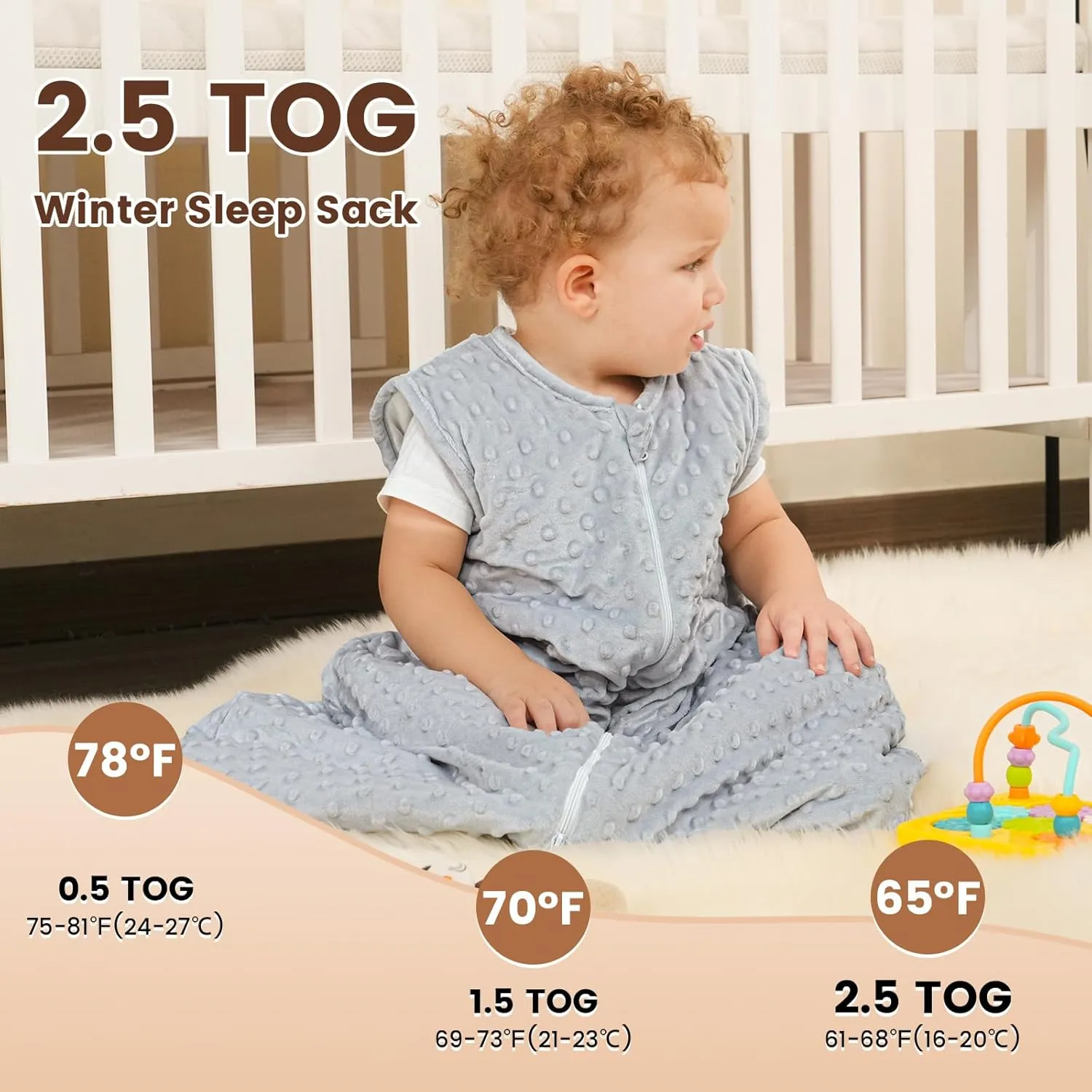 PHF Baby Sleep Sack 2.5 TOG with Plush Minky Dot, 18-24 Months Winter Baby Wearable Blanket with 2-Way Zipper, Warm Comfy Quilted Cotton Sleeping Bags, 3-Layers Design Sleep Sack, X-Large Size, Grey