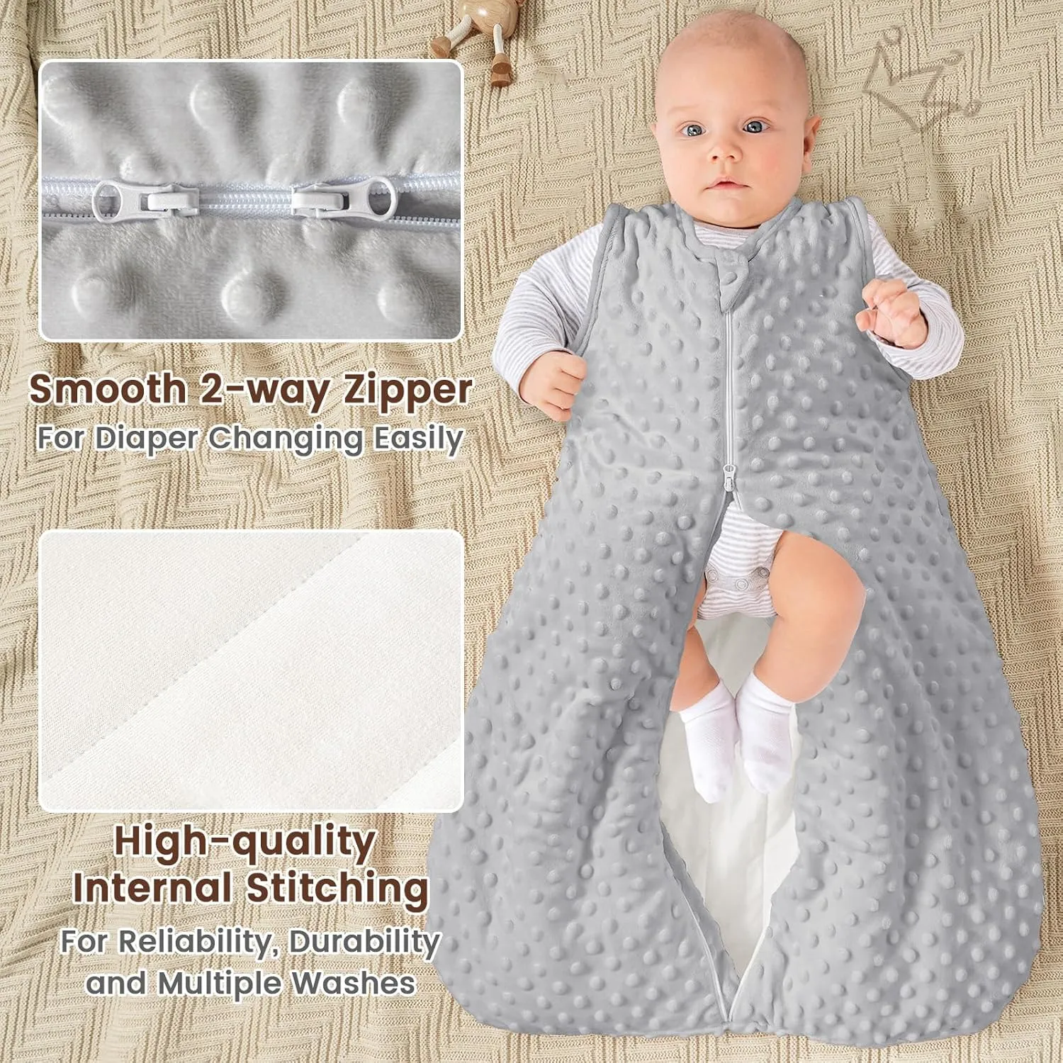 PHF Baby Sleep Sack 2.5 TOG with Plush Minky Dot, 18-24 Months Winter Baby Wearable Blanket with 2-Way Zipper, Warm Comfy Quilted Cotton Sleeping Bags, 3-Layers Design Sleep Sack, X-Large Size, Grey