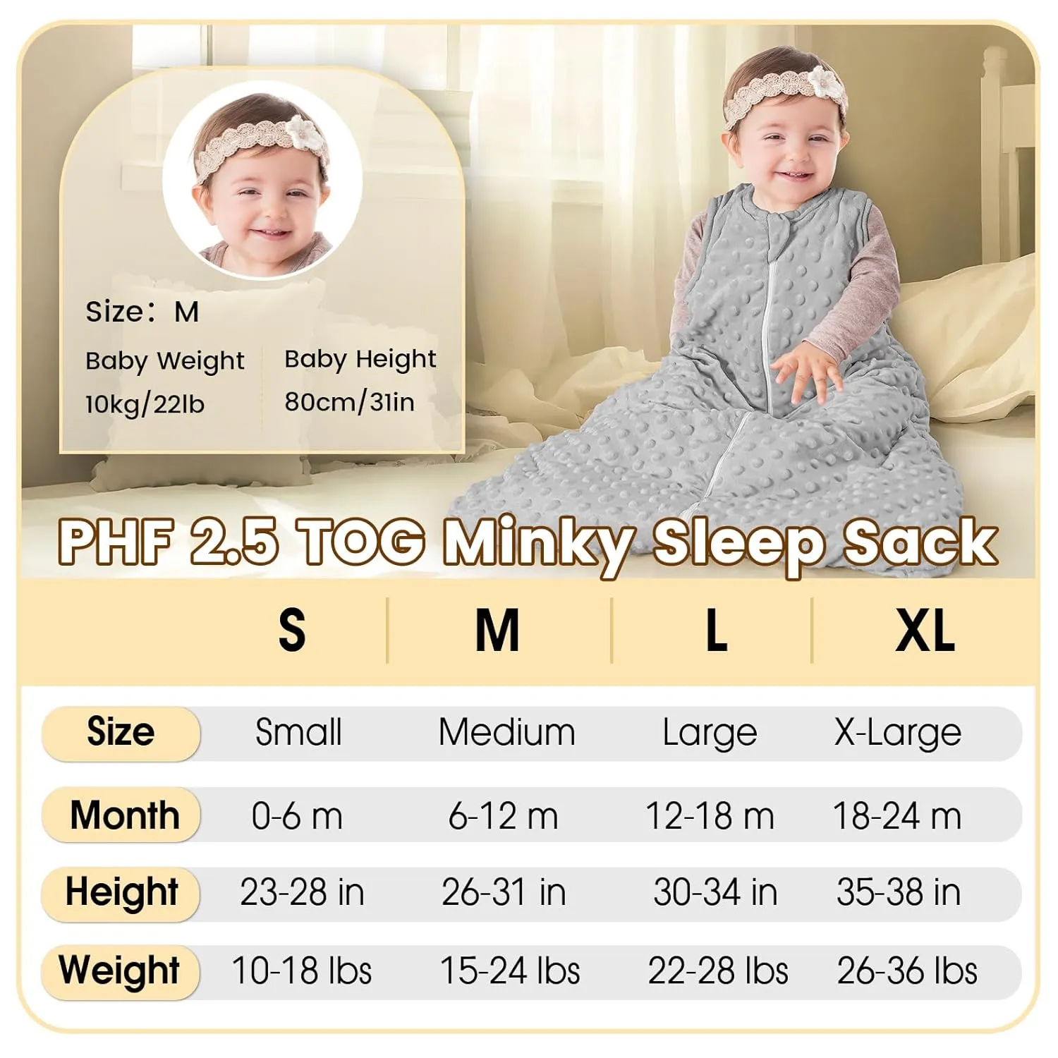 PHF Baby Sleep Sack 2.5 TOG with Plush Minky Dot, 18-24 Months Winter Baby Wearable Blanket with 2-Way Zipper, Warm Comfy Quilted Cotton Sleeping Bags, 3-Layers Design Sleep Sack, X-Large Size, Grey