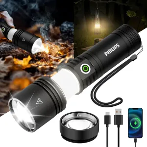 PHILIPS 1000000 Lumens Rechargeable Tactical Flashlight,Zoomable LED Flashlight with Ignition Lens, 5 Modes, Camping Lamp & Reverse Charging,High Bright Flashlight for Outdoor, Home, Emergency