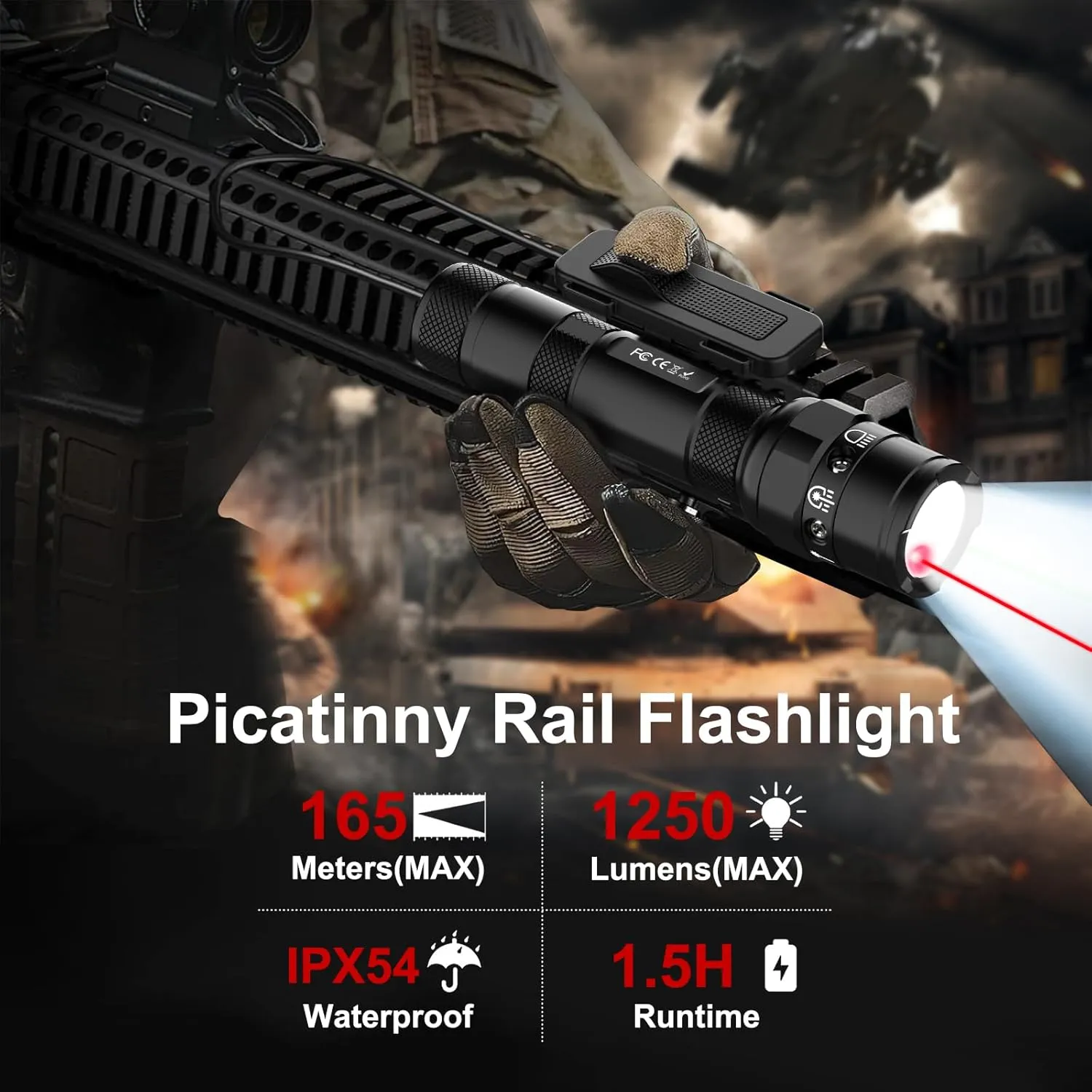 Picatinny Flashlight Laser Combo for Rifle - Red/Green Laser Light 1250lm Tactical Flashlights for Gun Shotgun Accessories, Rail Laser Weapon Light with Pressure Switch, USB C Rechargeable