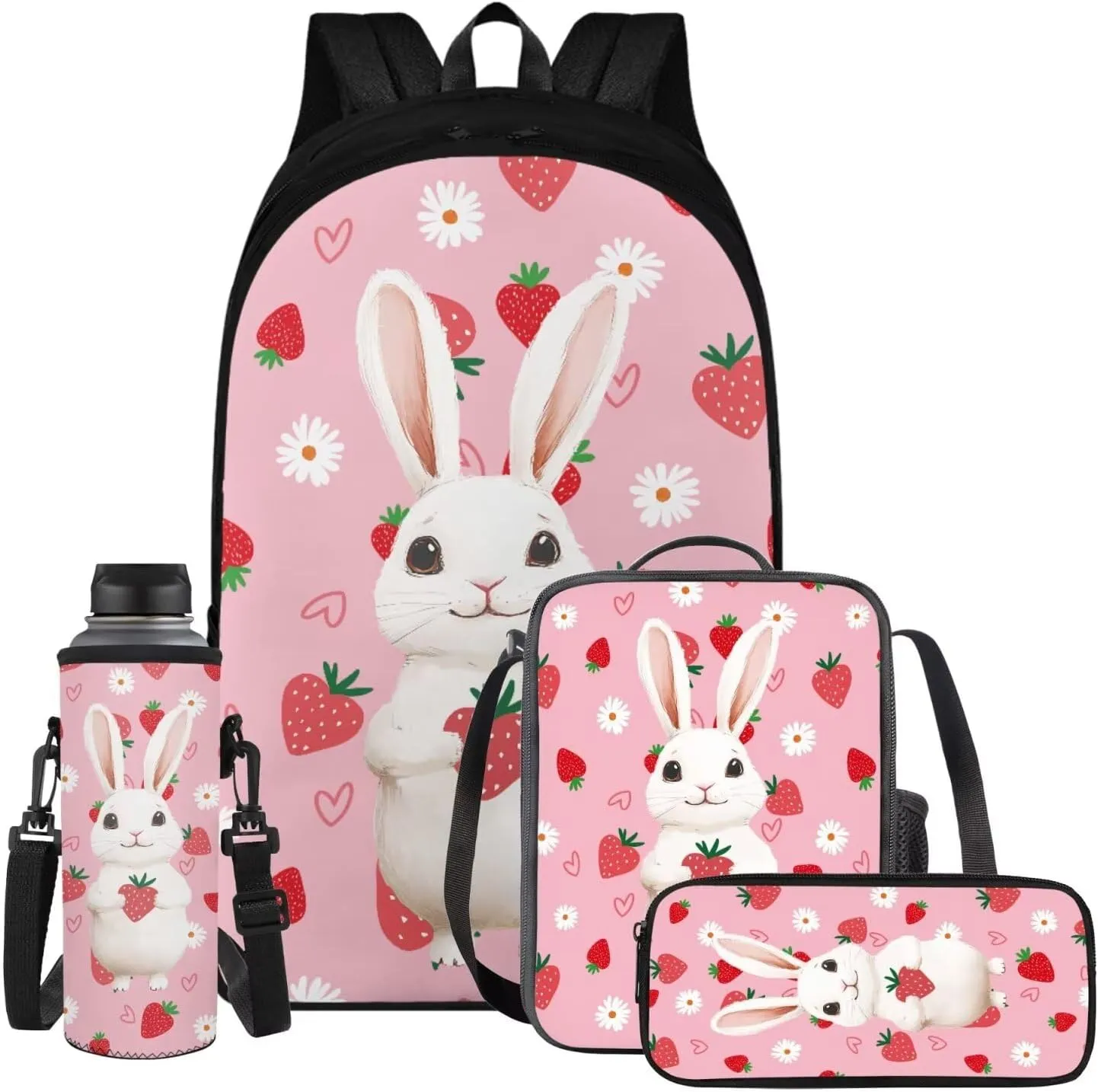 Pink Rabbit 6Th Grade Backpack for Boys 17 Inch Backpack and Lunch Bag Pencil Case Water Bottle Sleeve Set for Girls Ideal for Students Go To School Extracurricular Activities