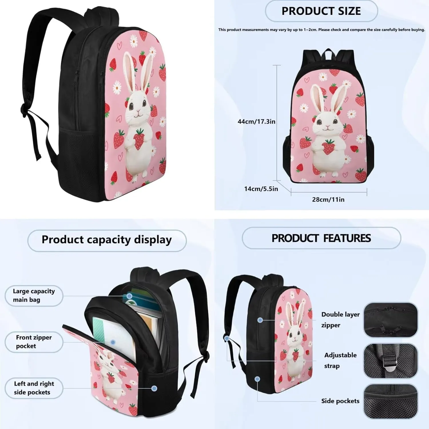 Pink Rabbit 6Th Grade Backpack for Boys 17 Inch Backpack and Lunch Bag Pencil Case Water Bottle Sleeve Set for Girls Ideal for Students Go To School Extracurricular Activities