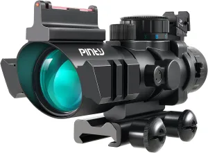 PINTY 4x32 Tactical Rifle Scope with Fiber Optic Sight, Red Green Blue Illuminated Reticle Prism Scope with 3 Brightness Levels, Hunting Gun Scope with Mount for 20 mm Picatinny Rails