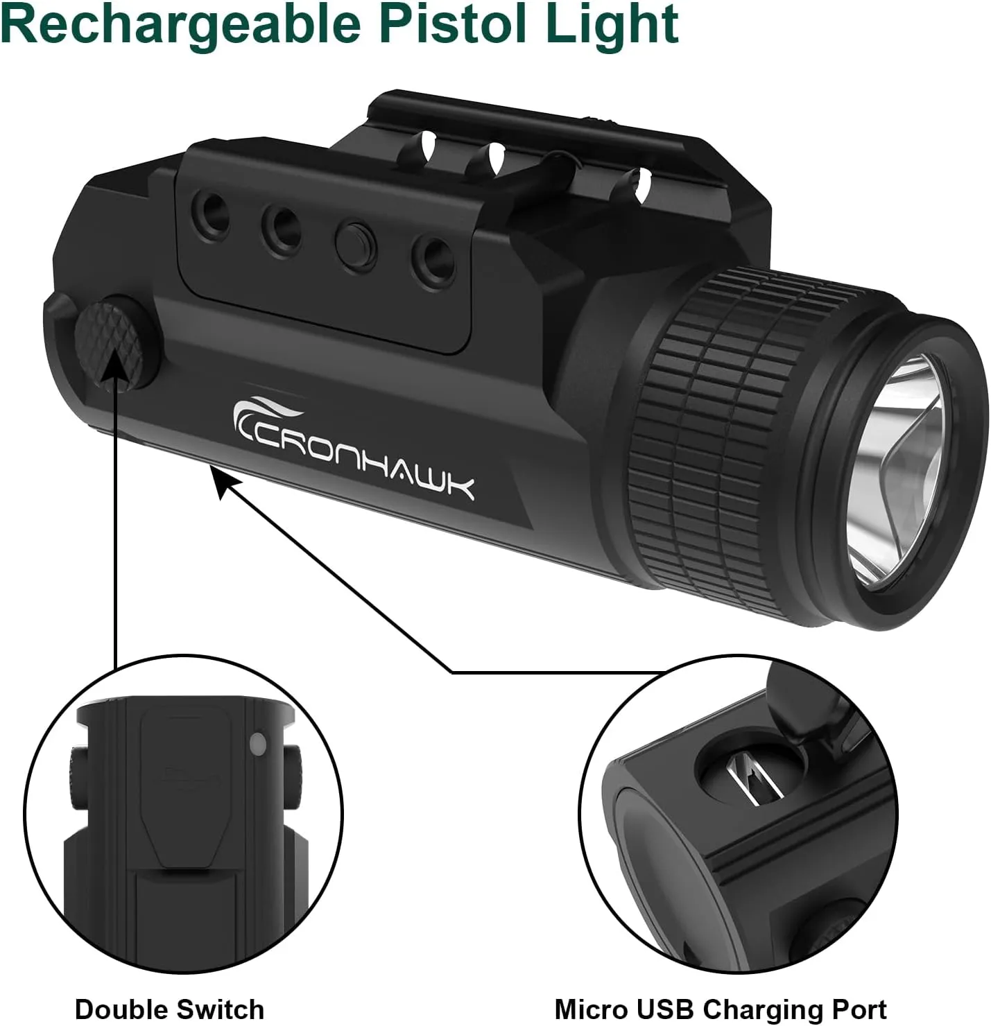 Pistol Flashlight Rechargeable 700 Lumen Rail Mounted Tactical Flashlight Compact Weapon Light for Gun Light fits Picatinny