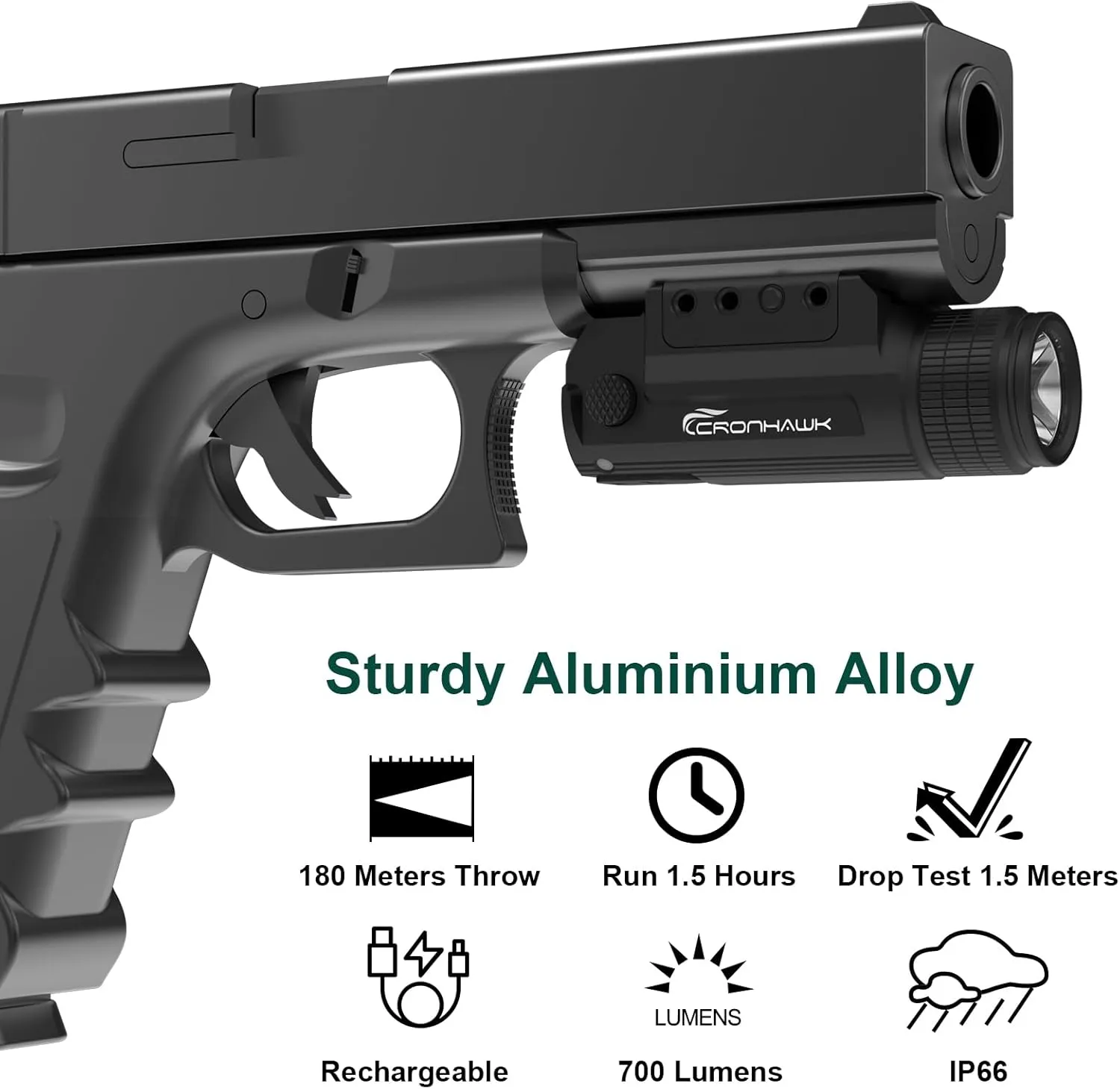 Pistol Flashlight Rechargeable 700 Lumen Rail Mounted Tactical Flashlight Compact Weapon Light for Gun Light fits Picatinny