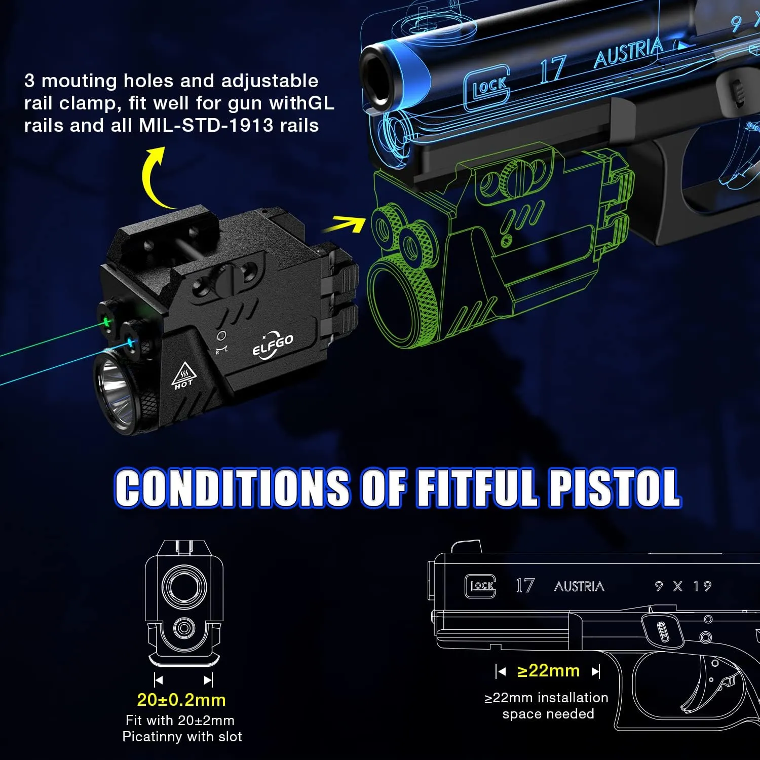 Pistol Laser Combo, 650 Lumens Tactical Flashlight Beam Combo, Magnetic Rechargeable, 3 in 1 Strobe Laser Sight Weapon Light for Guns with Picatinny Rail