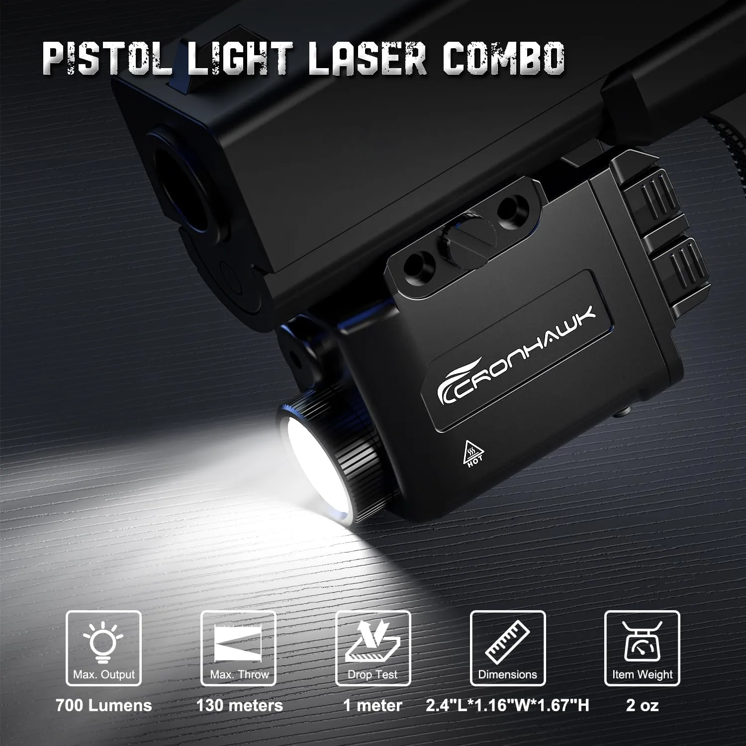 Pistol Light Green Laser Combo Rechargeable, 700 Lumen Green Beam Flashlight for Picatinny 1913 Rail Mounted Light with Strobe, USB-C Charging
