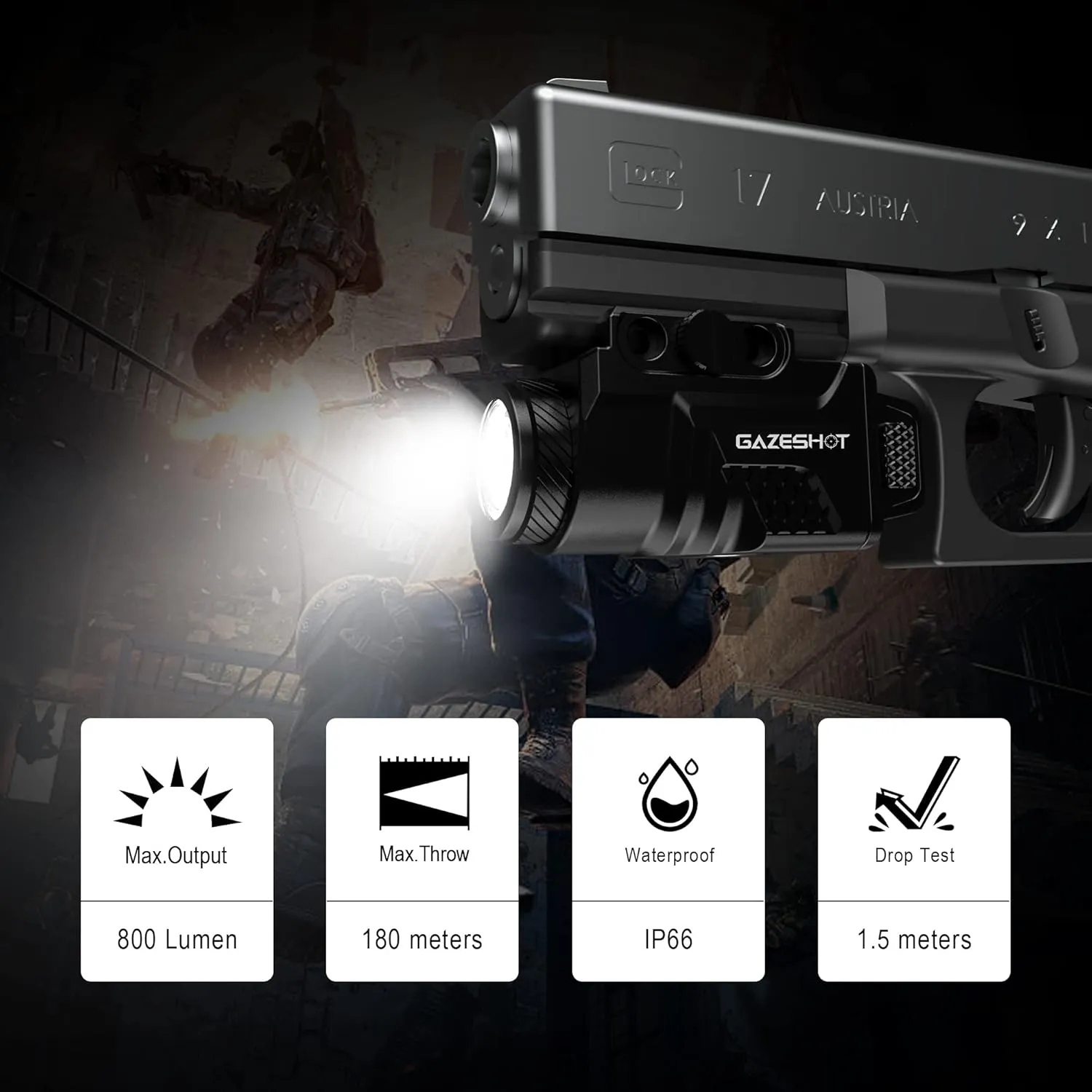 Pistol Light Tactical Flashlights Mini 800 Lumen Weapon Light, Magnetic USB Rechargeable with Strobe Mode for GL Glock and Picatinny Rail