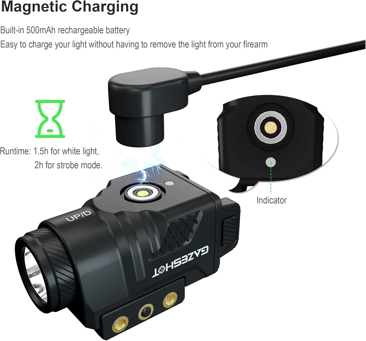 Pistol Light Tactical Flashlights Mini 800 Lumen Weapon Light, Magnetic USB Rechargeable with Strobe Mode for GL Glock and Picatinny Rail