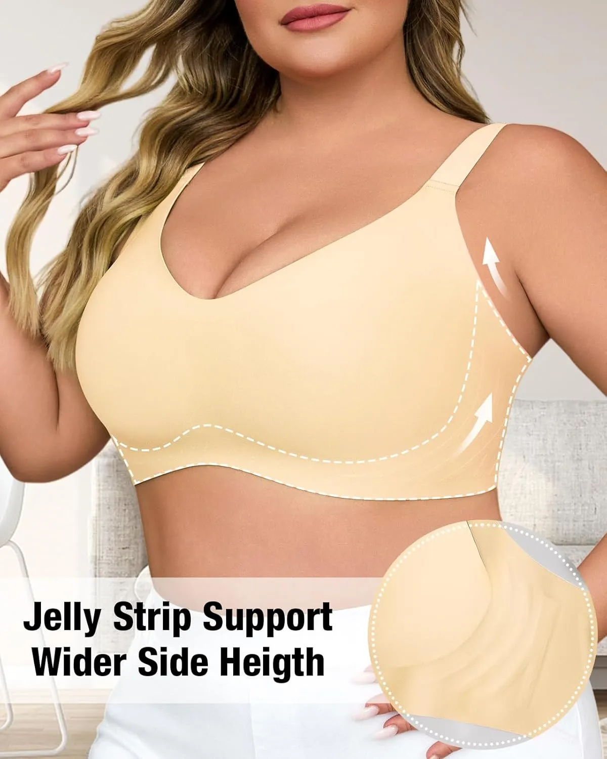 Plus Size Wireless Bras for Women V Neck Seamless Bralettes Comfort Full Coverage Bras Push Up Soft Cup Everyday Sleep Bra
