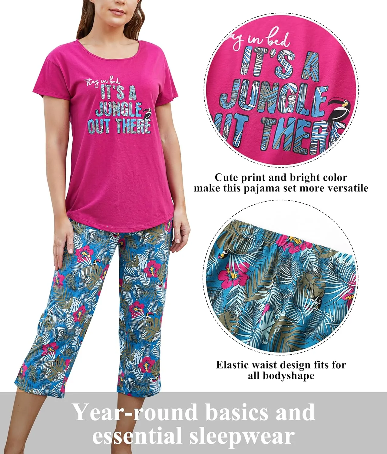 PNAEONG Women Pajama Set Sleepwear Tops with Capri Pants Casual and Fun Prints Pajama Sets
