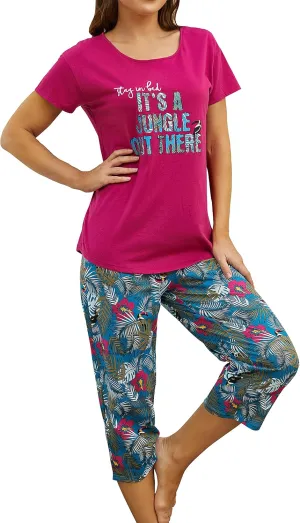 PNAEONG Women Pajama Set Sleepwear Tops with Capri Pants Casual and Fun Prints Pajama Sets