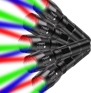 Pocketman 4 in 1 Multicolor Red Green Blue White Flashlight, 4 Mode LED Rechargeable Lights, Zoomable Flash Lights for Camping Outdoor Activities