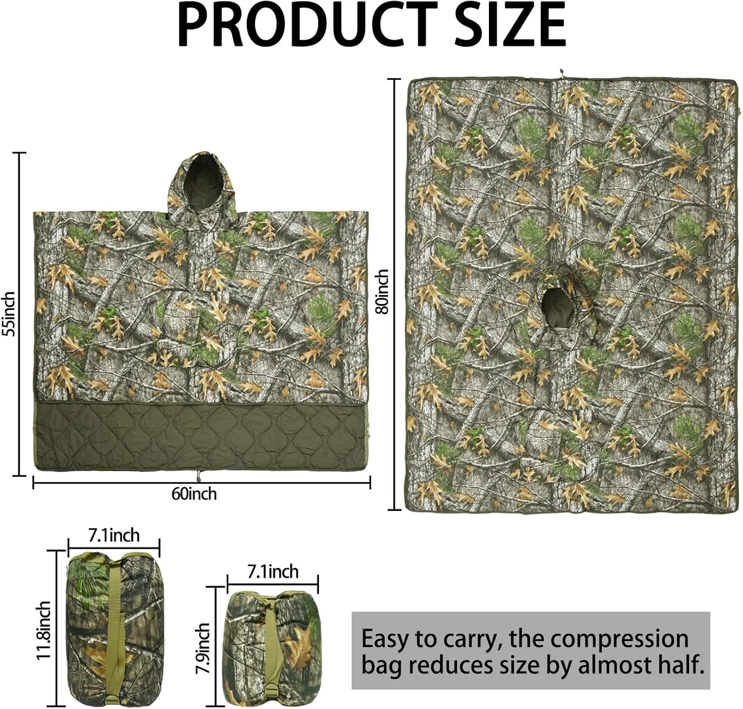 Poncho Liner Hoodie with Pocket Insulated Military Sleeping Bag Water Resistant for Outdoor Camping Travel Survival Hunting Car Emergency