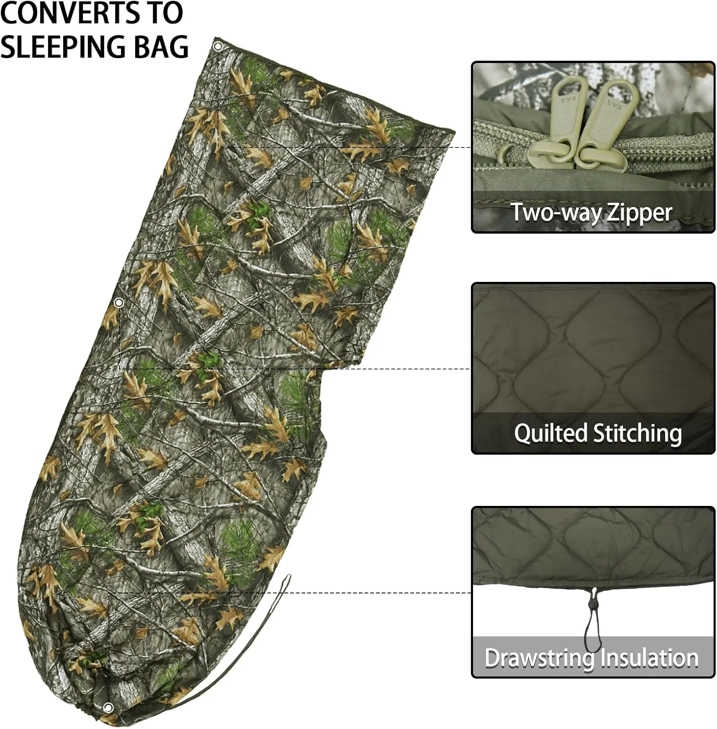 Poncho Liner Hoodie with Pocket Insulated Military Sleeping Bag Water Resistant for Outdoor Camping Travel Survival Hunting Car Emergency