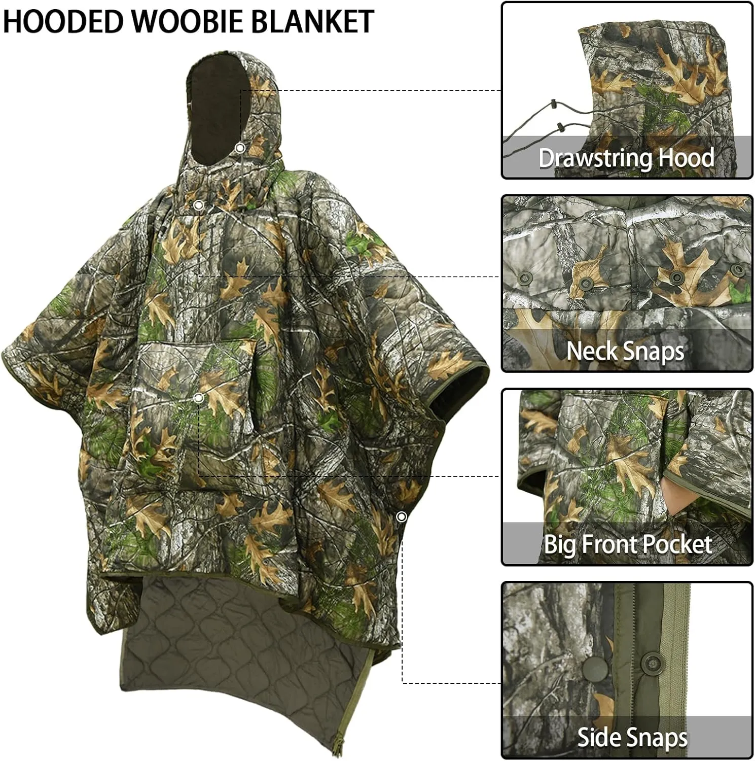 Poncho Liner Hoodie with Pocket Insulated Military Sleeping Bag Water Resistant for Outdoor Camping Travel Survival Hunting Car Emergency