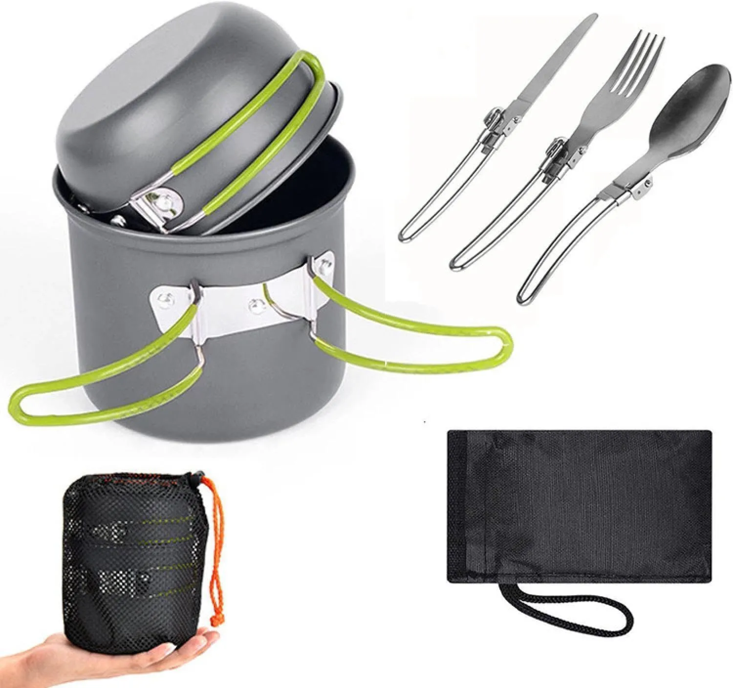 Portable cookware, 1-2 People Camping Set Pot, Scratch Resistant and high Temperature Resistant, 5-Piece Outdoor Non-Stick Set of pots
