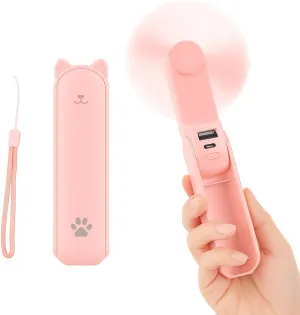 Portable Handheld Mini Fan, 3 IN 1, USB Rechargeable [12-19 Working Hours] with Power Bank, Flashlight, for Travel/Summer/Concerts/Lash, Gifts for Women (Pink)