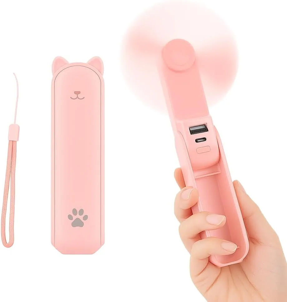 Portable Handheld Mini Fan, 3 IN 1, USB Rechargeable [12-19 Working Hours] with Power Bank, Flashlight, for Travel/Summer/Concerts/Lash, Gifts for Women (Pink)