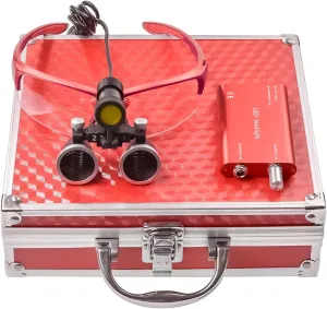 Portable Headlamp 5W Yellow Filter with Glasses Clip   2.5X 420mm Magnification Binocular Loupes Magnifier Aluminum Box (Red)