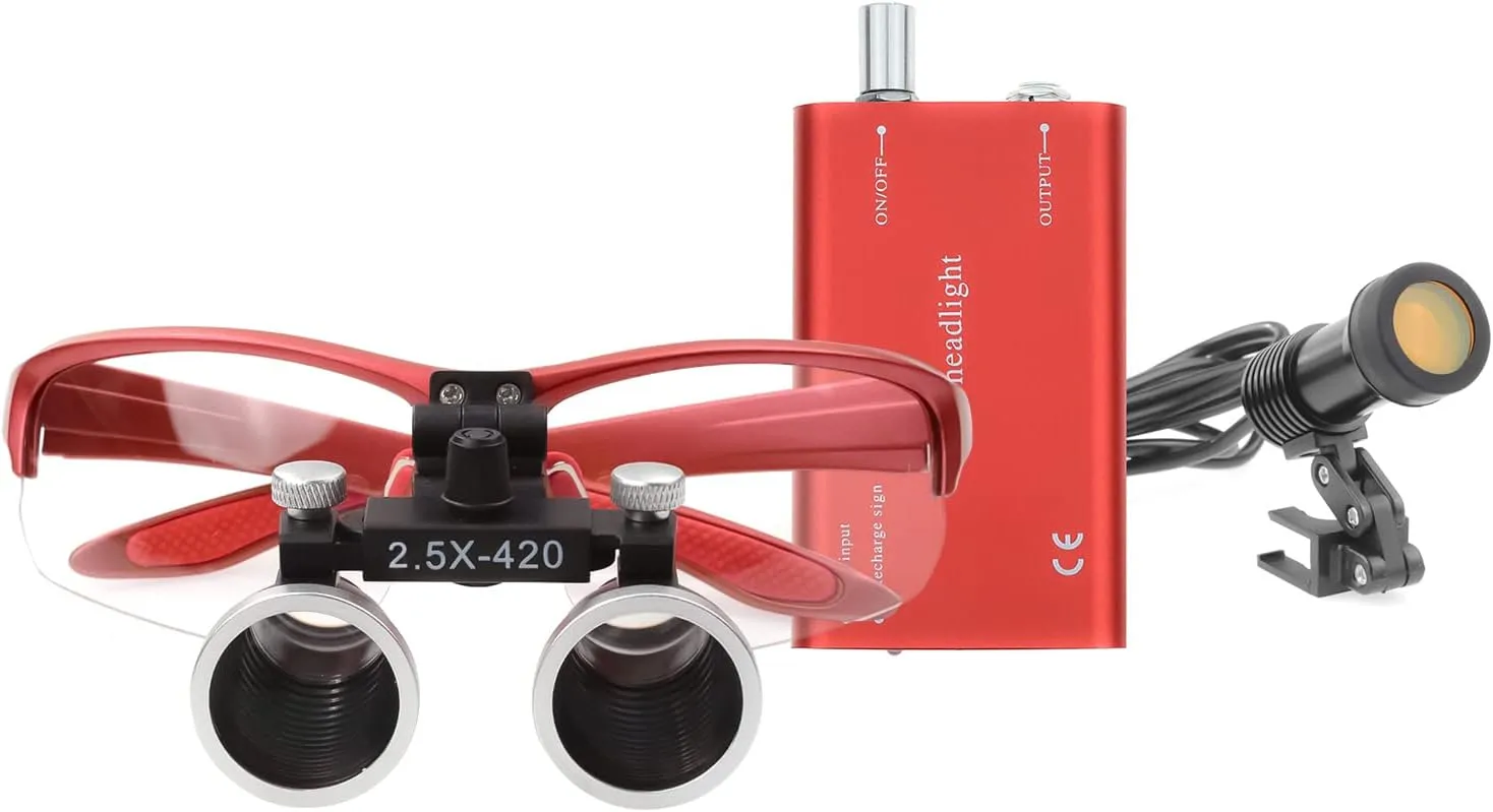 Portable Headlamp 5W Yellow Filter with Glasses Clip   2.5X 420mm Magnification Binocular Loupes Magnifier Aluminum Box (Red)