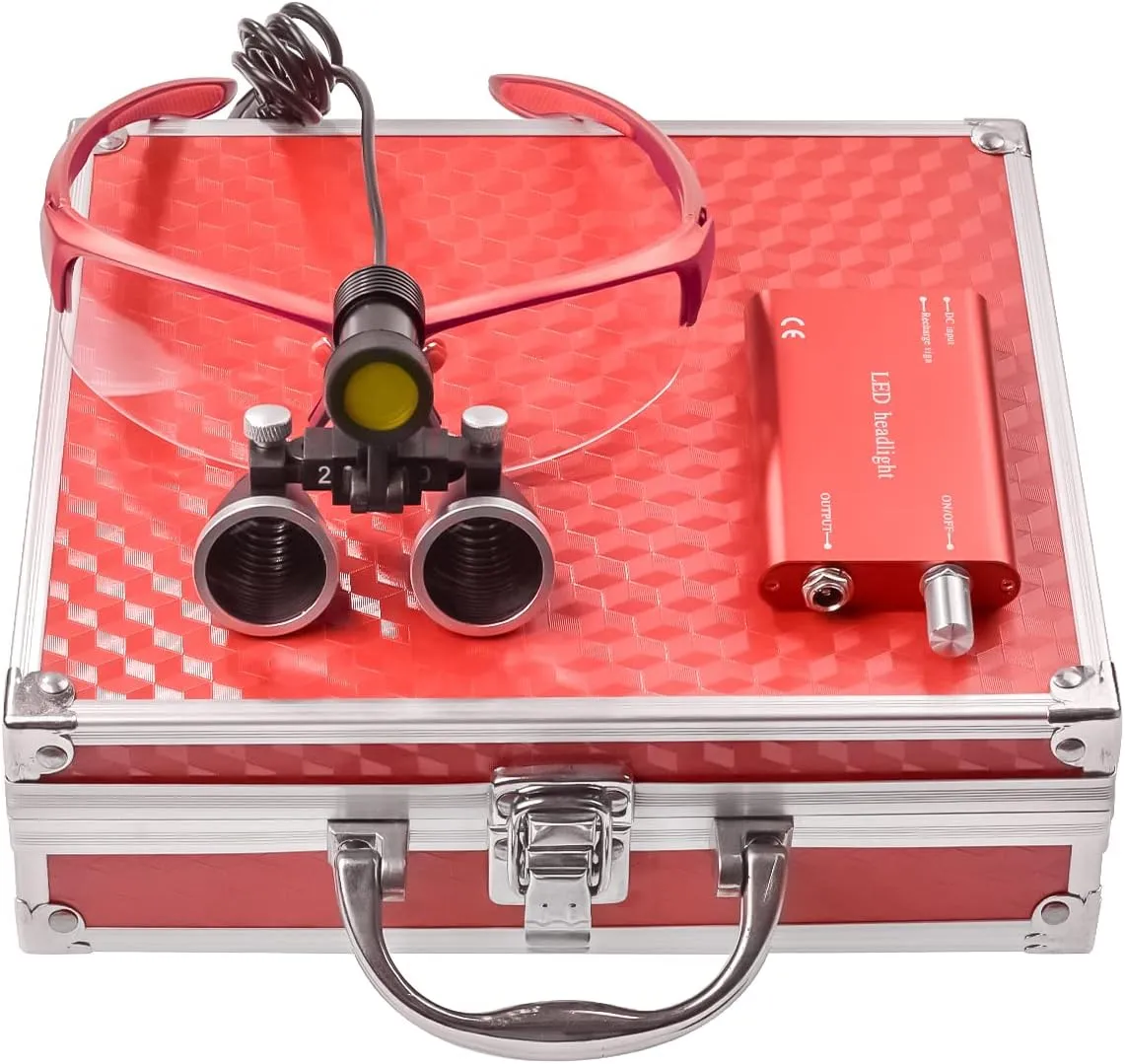 Portable Headlamp 5W Yellow Filter with Glasses Clip   2.5X 420mm Magnification Binocular Loupes Magnifier Aluminum Box (Red)