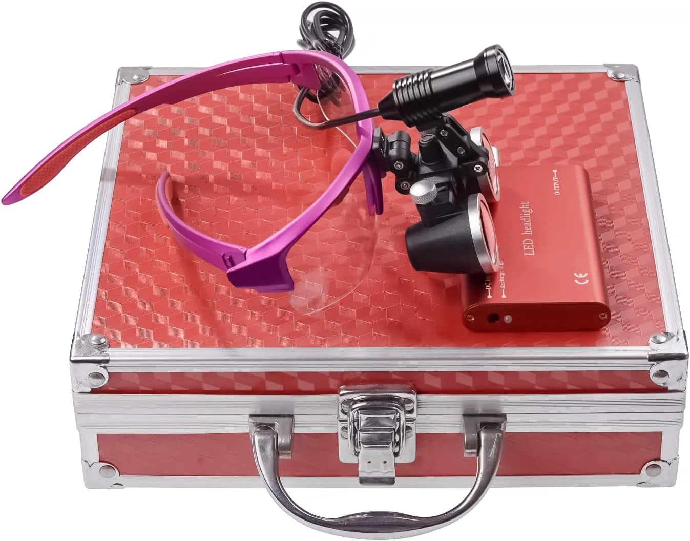 Portable Headlamp 5W Yellow Filter with Glasses Clip   2.5X 420mm Magnification Binocular Loupes Magnifier Aluminum Box (Red)