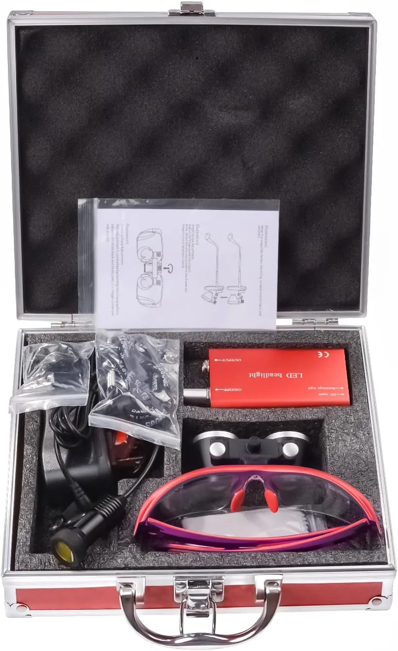 Portable Headlamp 5W Yellow Filter with Glasses Clip   2.5X 420mm Magnification Binocular Loupes Magnifier Aluminum Box (Red)